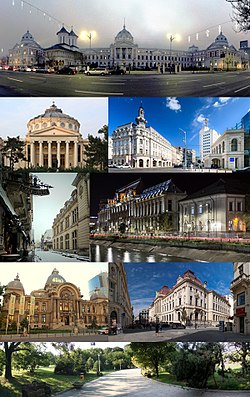 Collage di foto di Bucarest. Dall'alto, da sinistra a destra: 1) Ospedale Colțea; 2) Ateneo Rumeno; 3) Viale della Vittoria; 4) Distretto di Lipscani, vista verso Caru' cu Bere e il Monastero di Stavropoleos; 5) Palazzo di Giustizia; 6) Palazzo CEC; 7) ex sede centrale della Banca nazionale della Romania; 8) Parco Floreasca