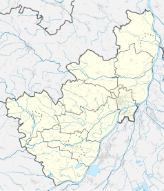 Mapa konturowa powiatu sandomierskiego, po prawej znajduje się punkt z opisem „Kościół św. Jakubaw Sandomierzu”