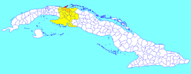 The former Varadero municipality (red) within Matanzas Province (yellow) and Cuba. The rest of Cárdenas municipality is shown in orange