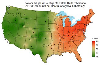 Valors del pH de la pluja als EUA el 1985, on s'observa una alta contaminació a la zona nord-est per emissions de '"`UNIQ--postMath-00000001-QINU`"' i '"`UNIQ--postMath-00000002-QINU`"'.