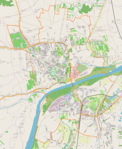 Mapa konturowa Sandomierza, w centrum znajduje się punkt z opisem „Kościół św. Jakubaw Sandomierzu”