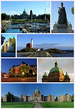 Clockwise frae top left: The Inner Victoria Harbour, Statue o Queen Victoria, the Fisgard Lighthouse, Neo-Baroque airchitectur o the British Columbia Parliament Buildings, The British Columbia Parliament Buildings, The Empress Hotel, an The Christ Church Cathedral.