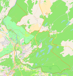 Mapa konturowa Łęknicy, po lewej znajduje się punkt z opisem „Park Mużakowski”