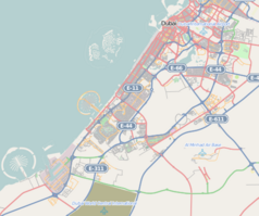 Mapa konturowa Dubaju, u góry po prawej znajduje się punkt z opisem „Arabtec Construction L.L.C”