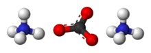 Ball-and-stick model of two ammonium cations and one carbonate anion