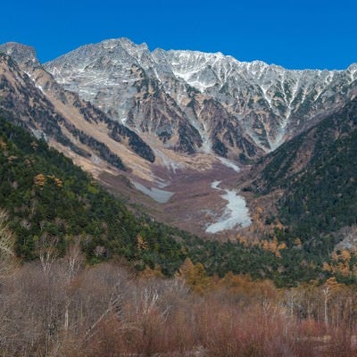 冬の始まりを感じる上高地からみた穂高連峰の写真