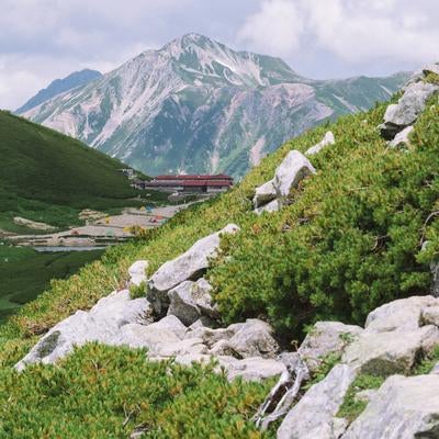 双六山荘と鷲羽岳を眺めるの写真