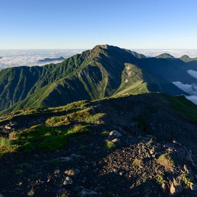 前岳から望む赤石岳（南アルプス）の写真