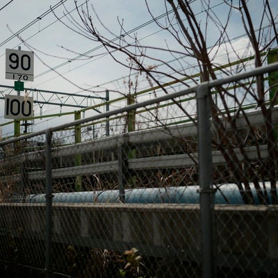 寂しさを思わせる線路沿いの看板の写真