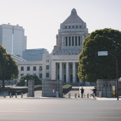 車道越しに見た国会議事堂の写真