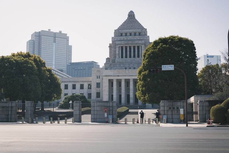 車道越しに見た国会議事堂の写真