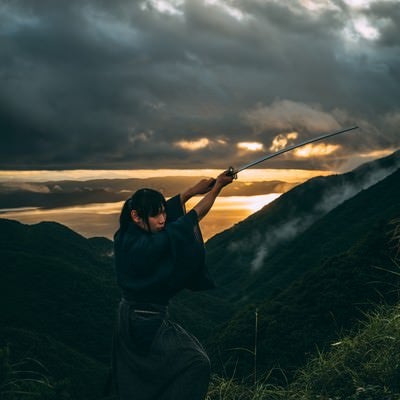 日本刀で切り上げる侍と夕景の写真