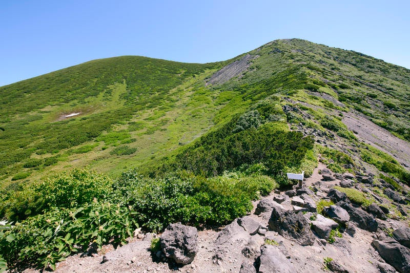 羊蹄山山頂へ向かう山肌の写真