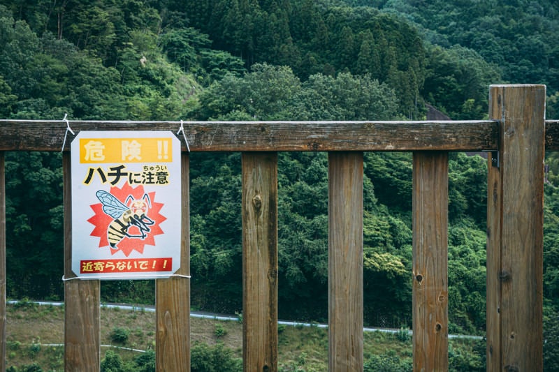 柵に取り付けられたハチに注意の看板の写真