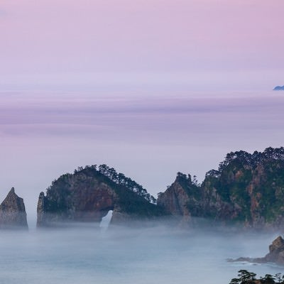 濃い霧に覆われる北山崎断崖の写真