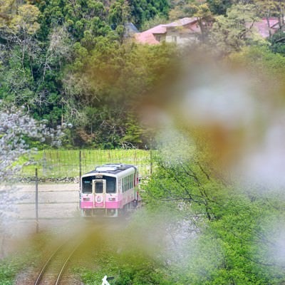 田舎の山を由利高原鉄道の写真