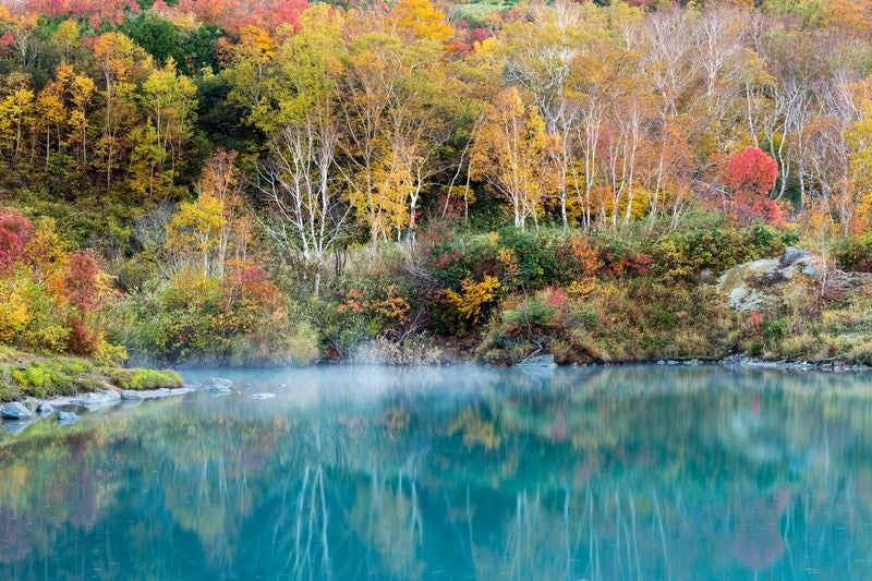 色づき始めた地獄沼の紅葉の写真