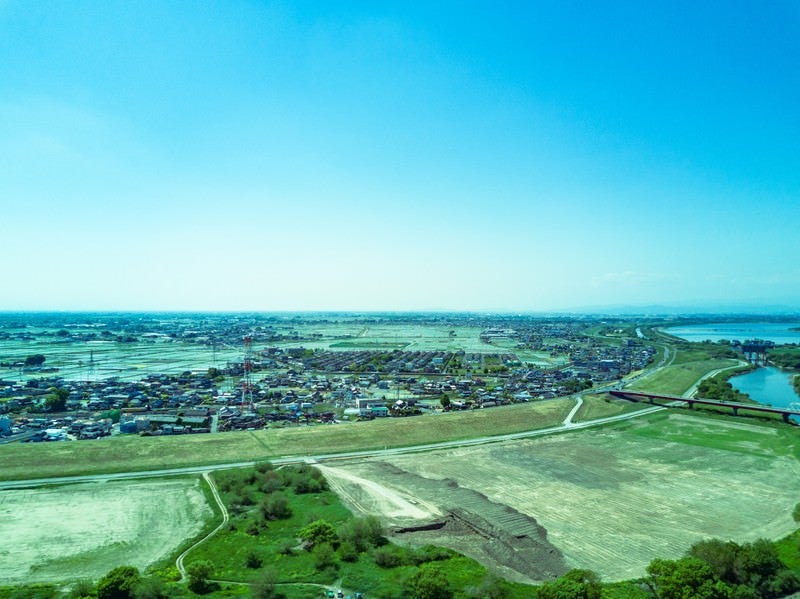 渡良瀬川の河川敷（空撮）の写真