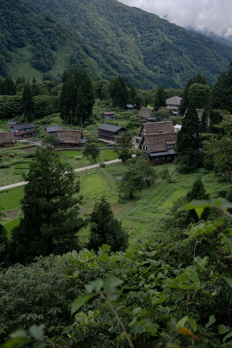 高台から望む山間の相倉集落の写真