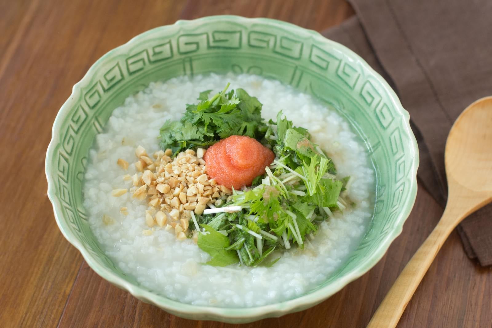 「シャキシャキ水菜と明太子の「香港がゆ」」の写真