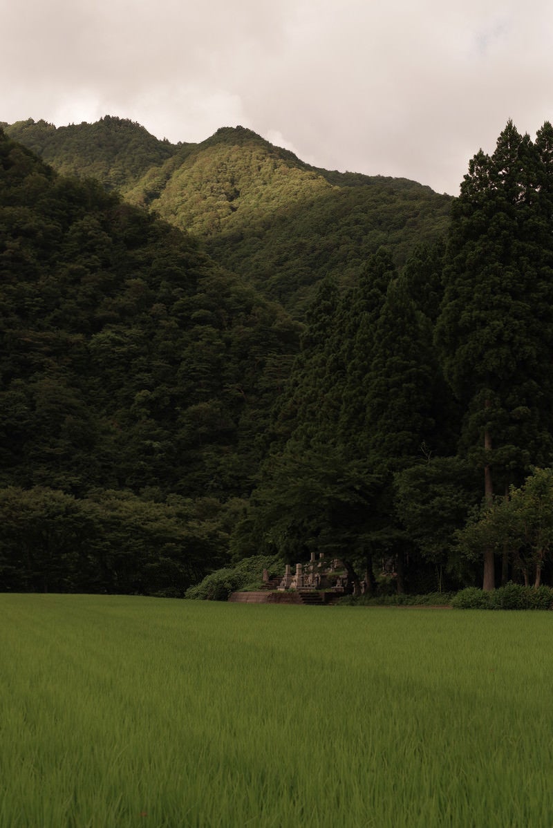 山間にひっそり佇む墓地の写真