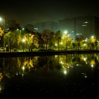 水面に映り込む皇居の堀とビル群の夜景の写真