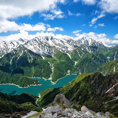 針ノ木岳山頂の大パノラマ（新緑期）の写真