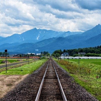 JR富良野線の果てしなく続く線路の写真