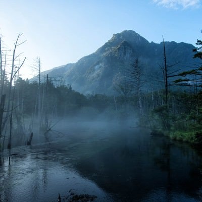 朝霧に包まれる岳沢湿原と明神岳の写真