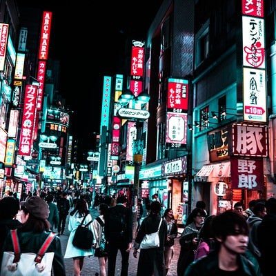 夜の渋谷センター街の人混みの写真