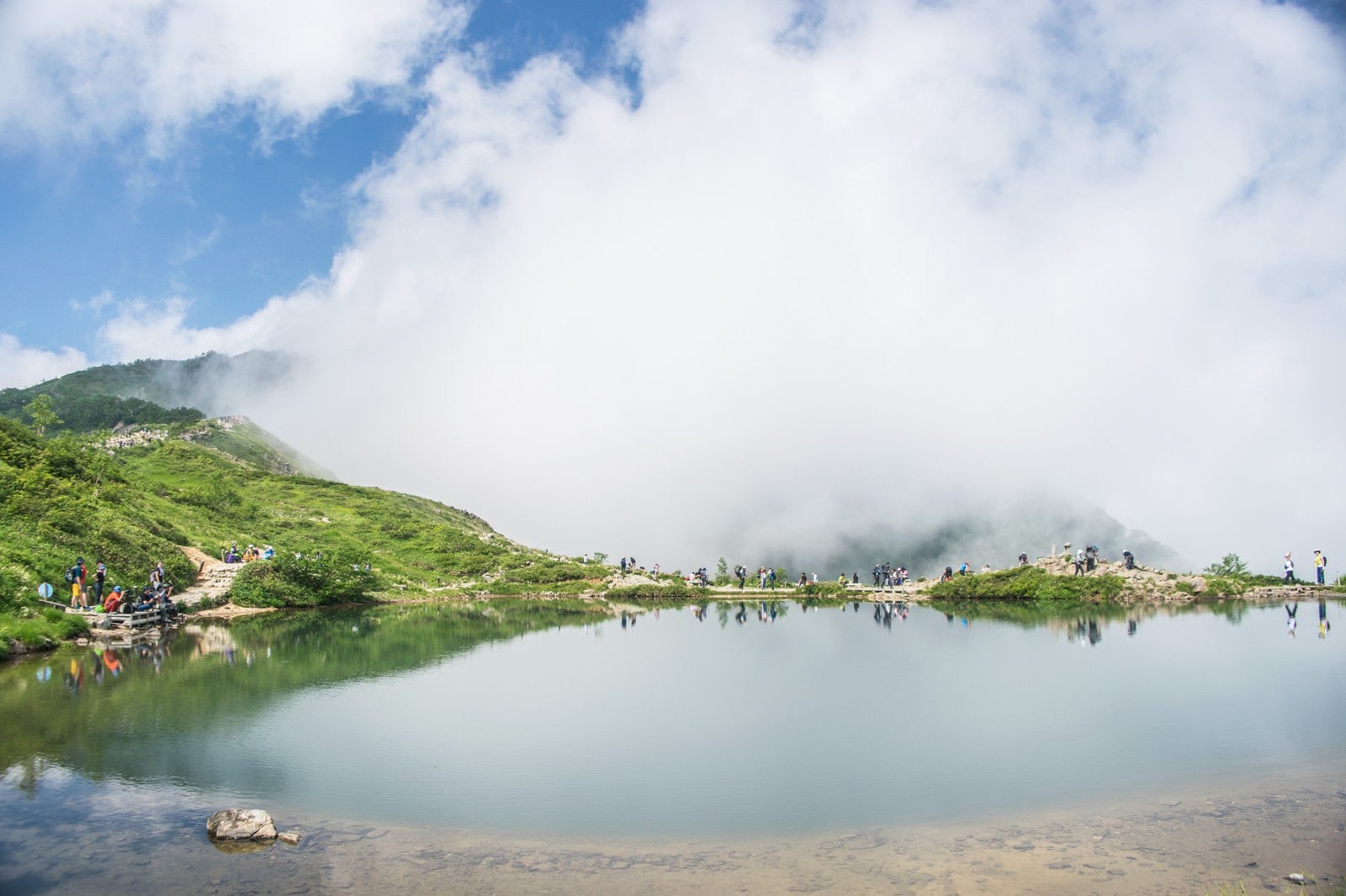 「湖畔で休む登山者たち」の写真