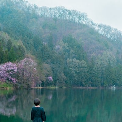 水鏡の湖畔に佇む後ろ姿の女性の写真