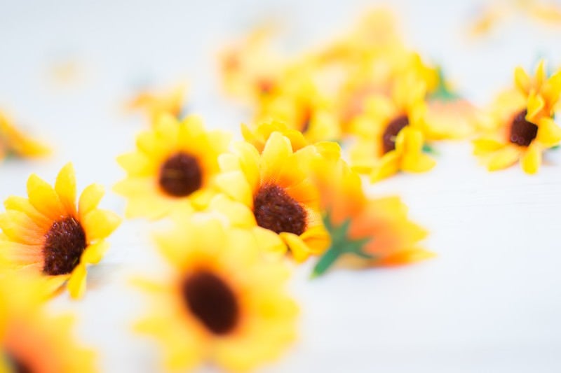 床に散らばる花のブローチの写真