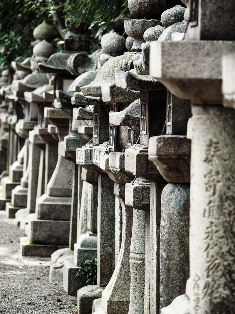 石清水八幡宮本殿に並ぶ石灯籠の写真