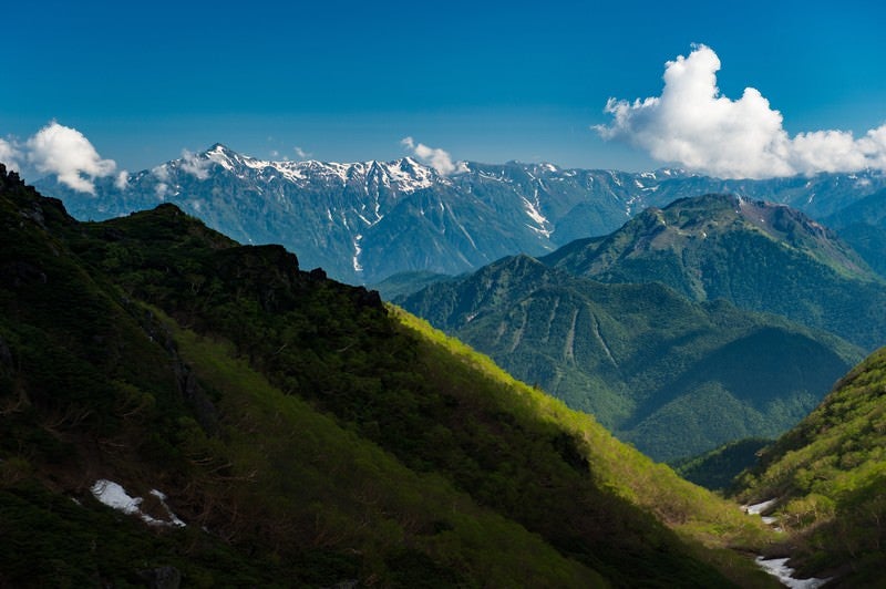 北アルプスを一望できる晴れた日の乗鞍新登山道の写真