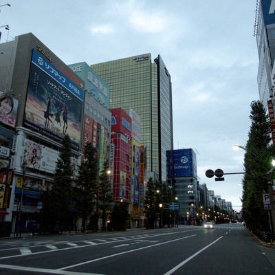 車道から見上げた道路沿いのビル（秋葉原）の写真