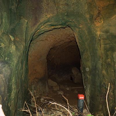 陸軍野砲陣地と戦車壕の間にある壕口から覗き見た内部の写真