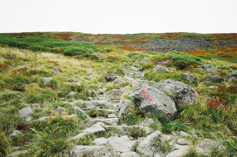 月山山頂へと続く険しい斜面の写真