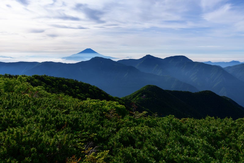 富士見平から見る山々と富士山（赤石岳）の写真