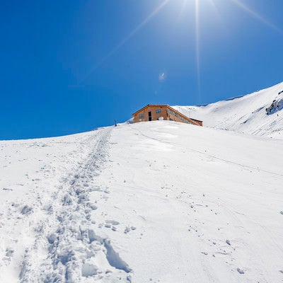 雪原の山小屋への帰り道の写真