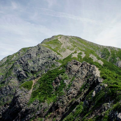 端正な三角形の聖岳山頂の写真