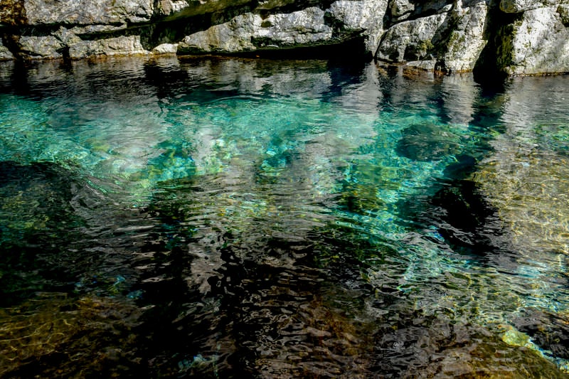 透明度の高いシシ淵を流れる清流（大杉谷）の写真