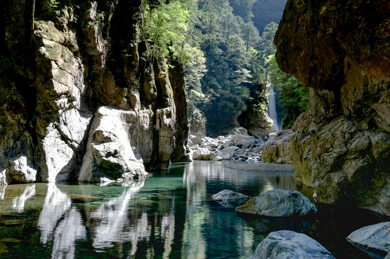 シシ淵から流れ込む川に差し込む光り（大杉谷）の写真