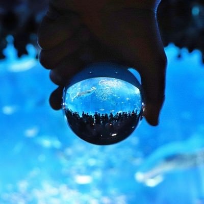 ガラス玉越しの水族館の写真