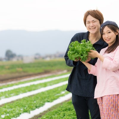 福岡県大刀洗町の採れたてリーフレタスをアピールする夫婦の写真