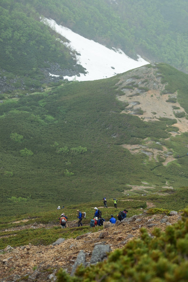 傾斜のある登山道を下山する登山者の列の写真