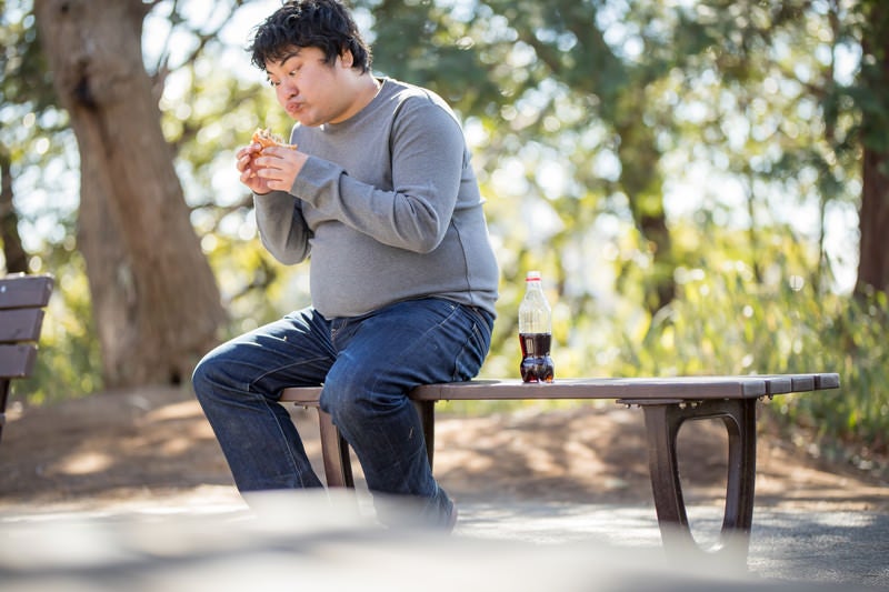 公園のベンチでハンバーガーを貪るメタボ男子の写真