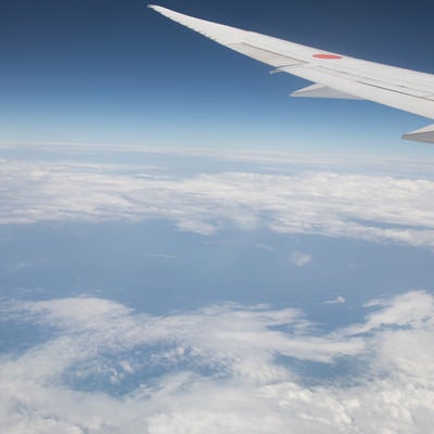 旅客機の翼と上空から見える景色の写真