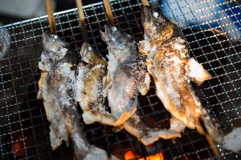 渓流で釣り上げた岩魚を焼いて食べる（平湯温泉の地元の集いで振る舞われる）の写真