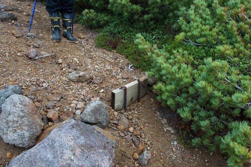 木材のみへ作り直しが必要な登山道の階段の写真